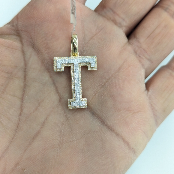 Real Diamond 10kt Two Tone Block Letter T Pendant